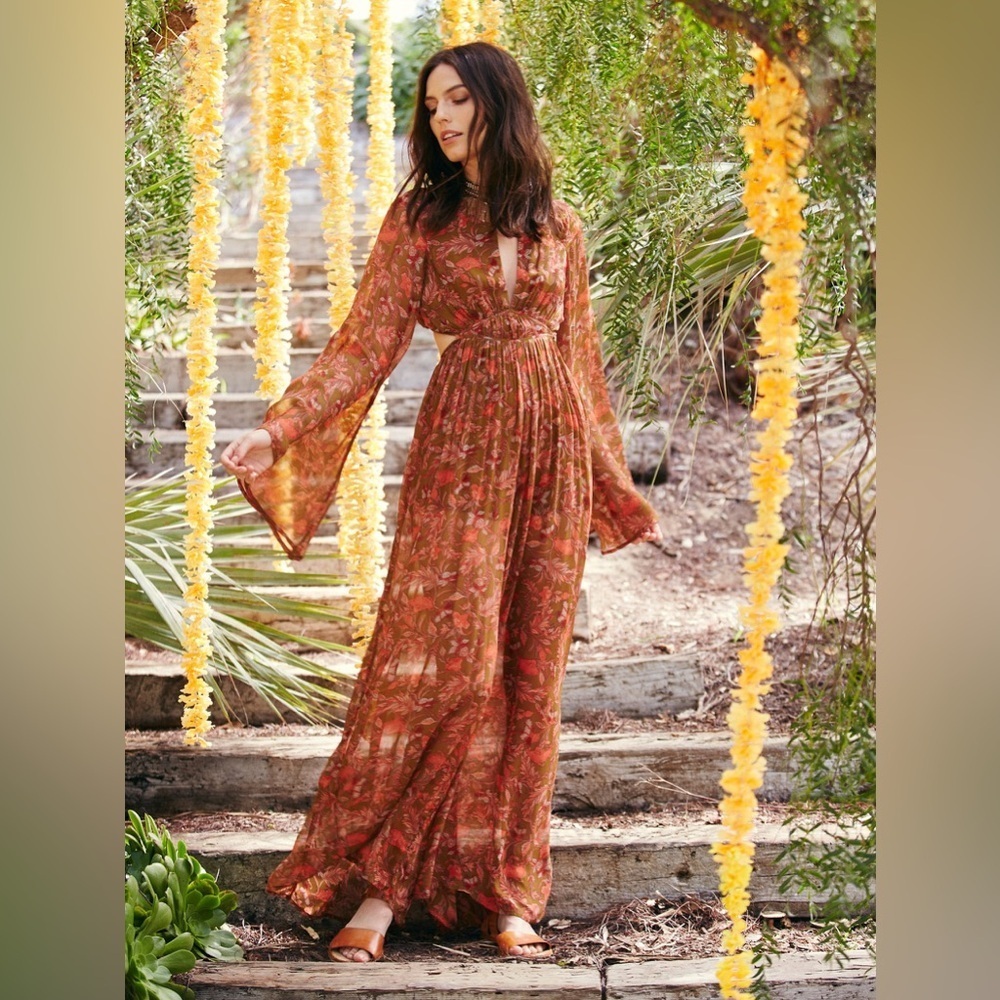Free People Magical Thoughts Wide Leg Open Back Bell Sleeve Floral Jumpsuit Sz12